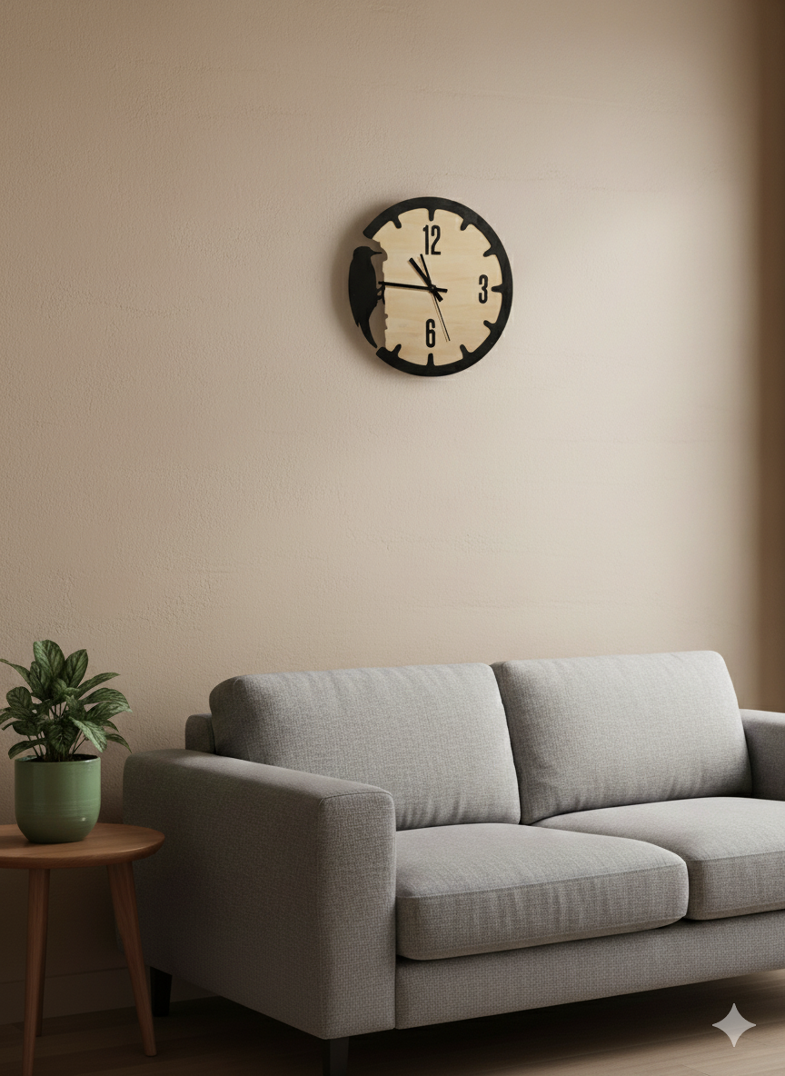 Wanduhr "Woodpecker" mit 3D Effekt und LED Hintergrundbeleuchtung