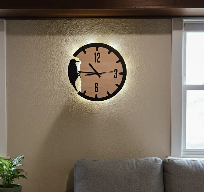 Wanduhr "Woodpecker" mit 3D Effekt und LED Hintergrundbeleuchtung Mein Shop