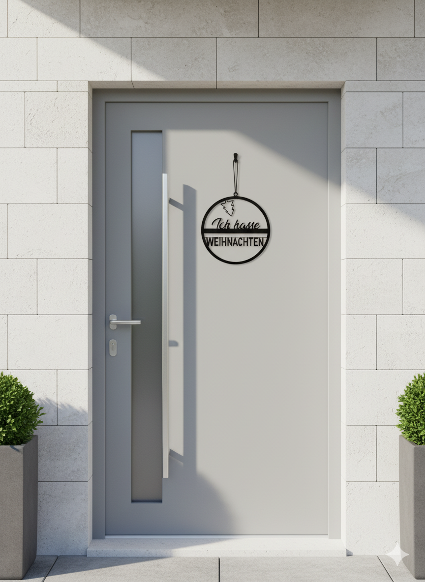 Eine kreisförmige Türdekoration, in der Mitte der Text "Ich hasse Weihnachten" in 2 verschiedenen Schriftarten, oben ist ein Weihnachtsbaum kopüber angebracht". Schwarz