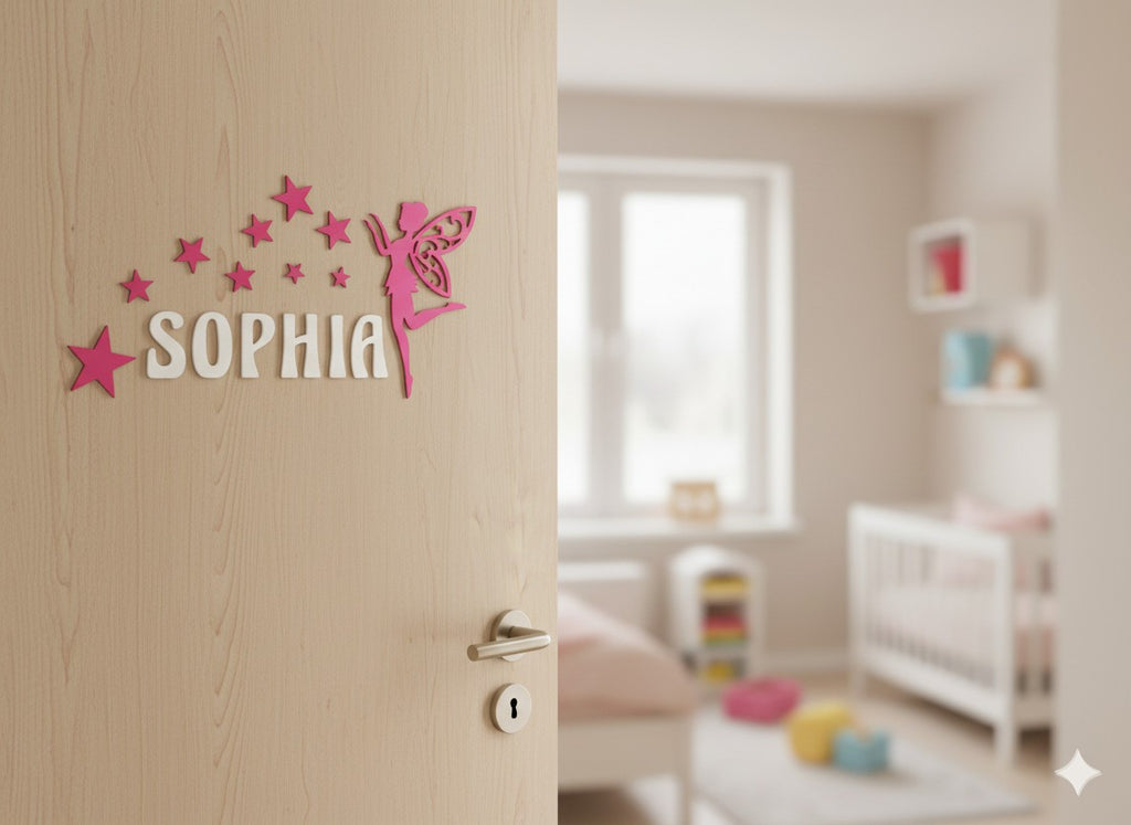 Türschild Namensschild Kinderzimmer Türe Deko Türdeko Kids Zug Fee Sterne Bunt